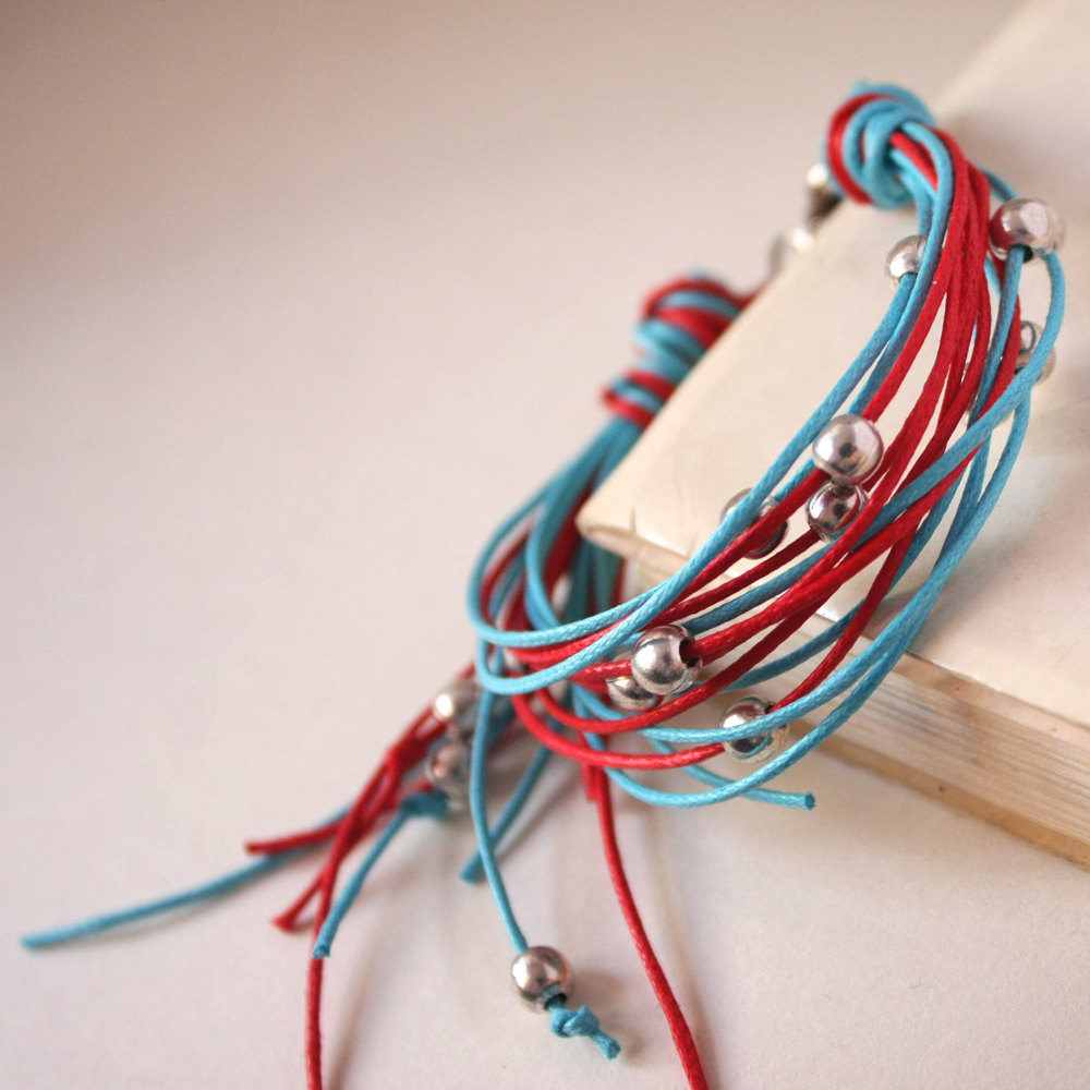 waxed cotton - red turquoise silver bracelet - other custom colors men and unisex 