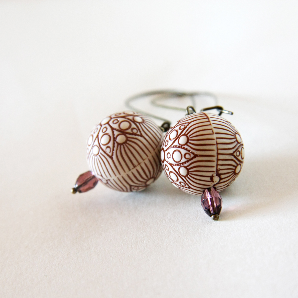 brown flowers earrings - wedding bridesmaid - cream brown purple antique bronze