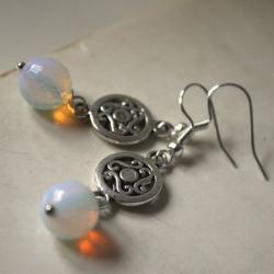 irish earrings - celtic silver metal and moonstone - white opal - pagan spiral triskel - saint patrick's day