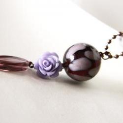 lilac and purple pendant with ball chain necklace - flower round glass beads romantic